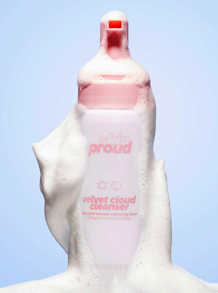 Open container of Velvet Cloud cleanser covered in bubbles
