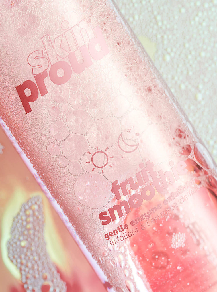 Close up of pink Skin Proud Fruit Smoothie bottle